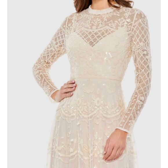 Mac Duggal Sequined Illusion High Neck Long Sleeve Midi Dress Cream 20 - Picture 3 of 9
